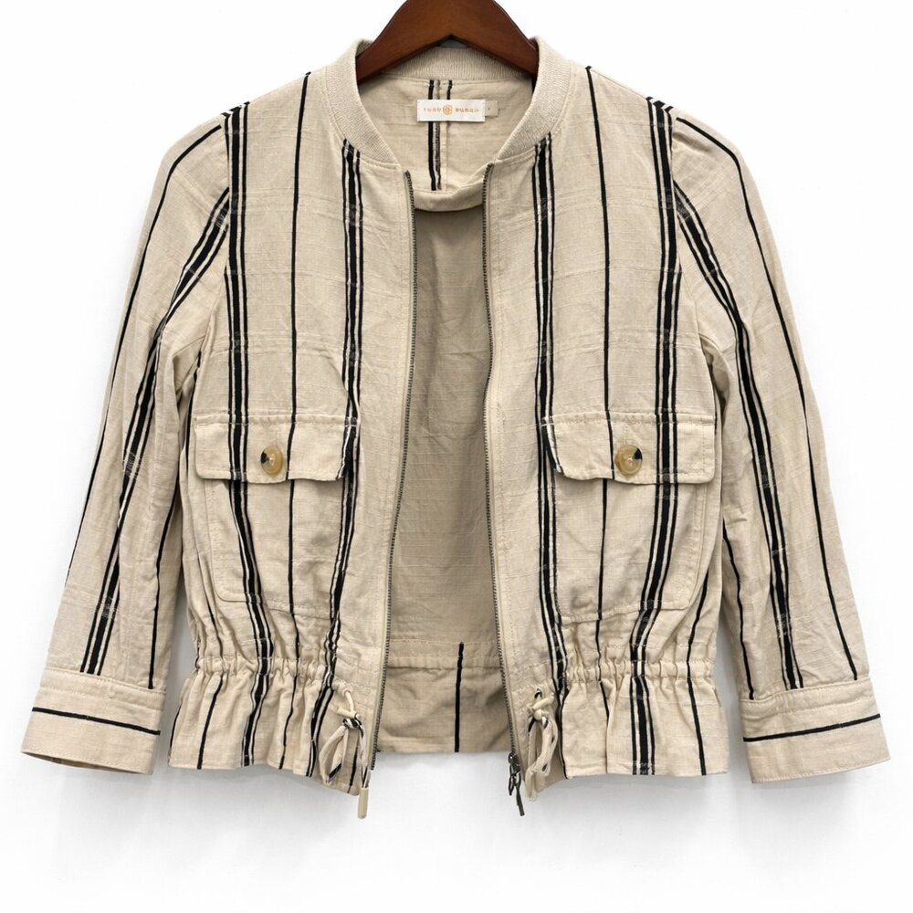 Tory Burch Striped Linen Lightweight Spring/Summer Jacket Size 0 XXS Preppy - Picture 2 of 5
